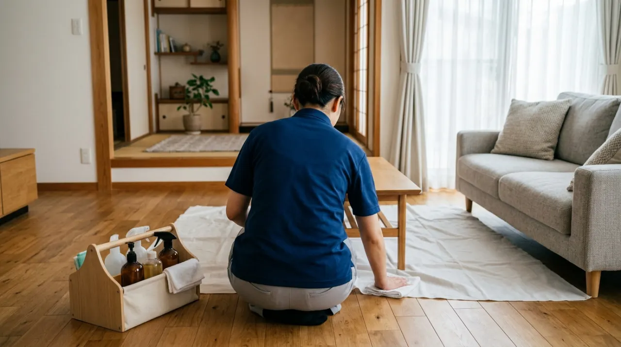 在宅のリビングで養生をして作業する清掃スタッフ